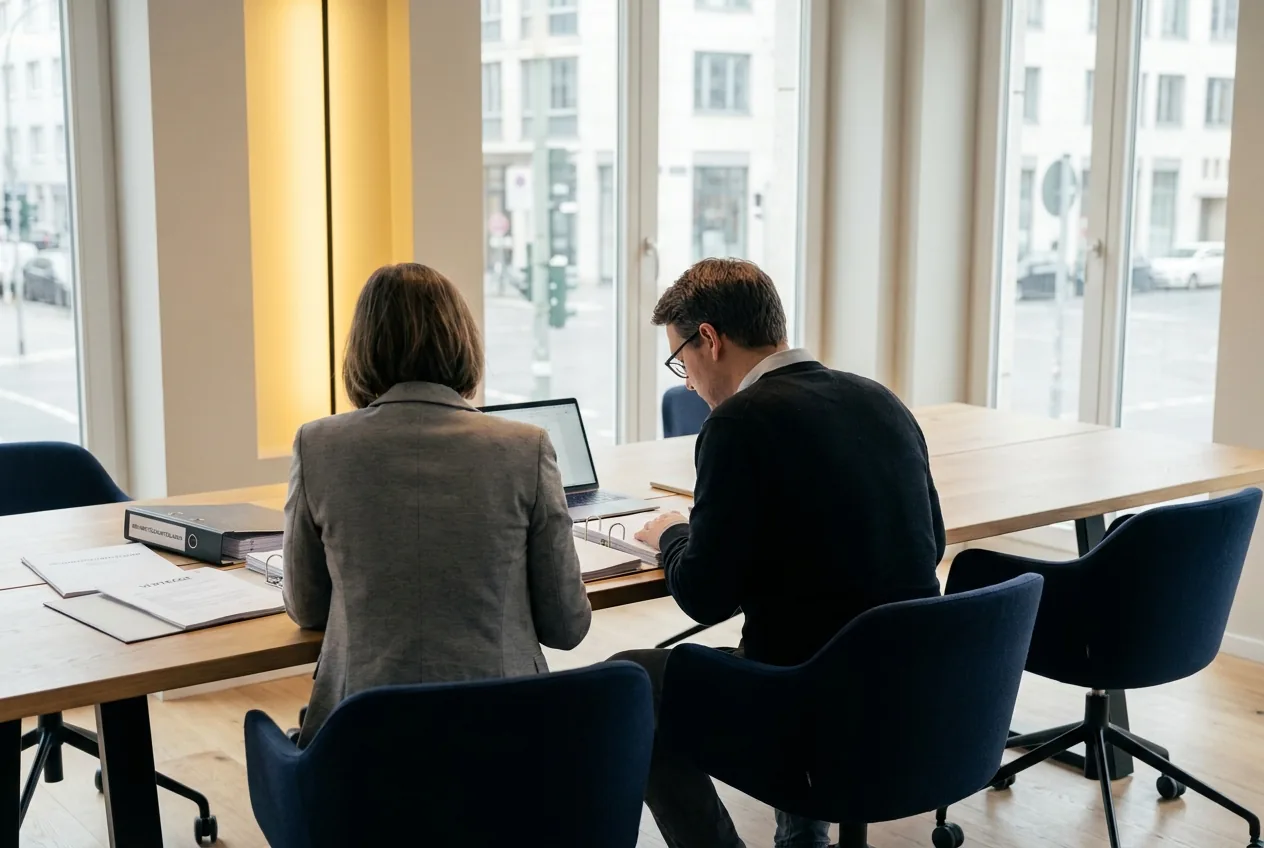 Beratungsgespräch an einem Tisch mit Unterlagen und Laptop