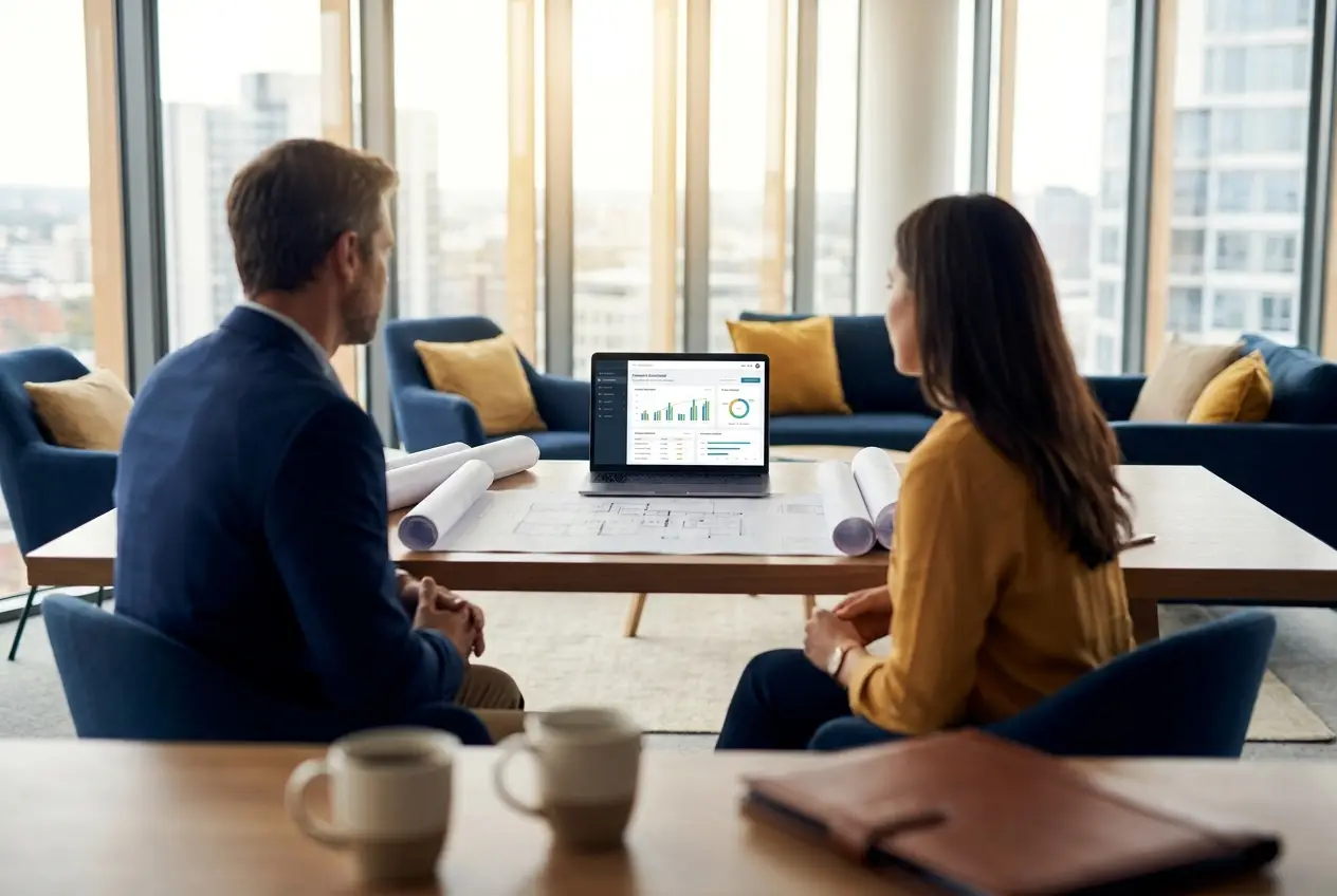 Beratungsszene mit Grundrissen und Laptop im modernen Büro